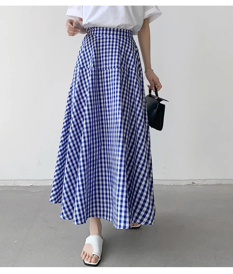 Korean Style Colored Plaid A-line Long Cotton Skirts 6