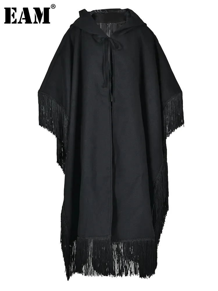 

[EAM] Loose Fit Black Hooded Thick Tassel Big Cloak Capes New Long Sleeve Women Coat Fashion Tide Spring Autumn 2024 1DH1761