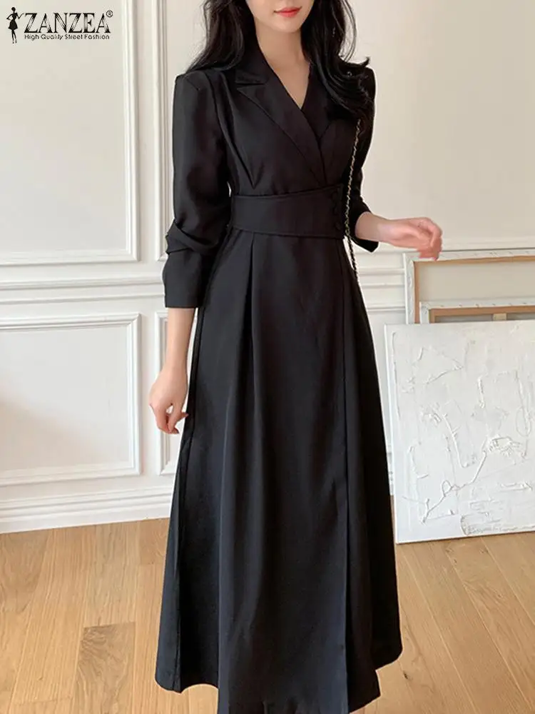 

ZANZEA Causal OL Long Sleeve Dresses Women Suit Collar Maxi Dress Fashion Waisted Buttons Long Robe Holiday 2023 Autumn Vestidos