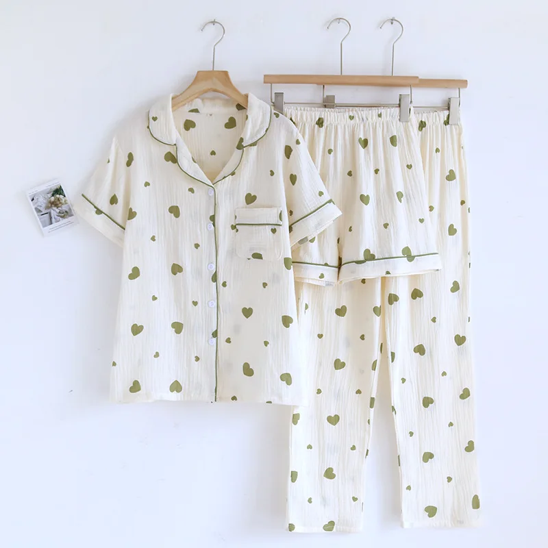 2024 New Spring/Summer Women's Pajamas Three Piece Set 100%Cotton Crepe Short Sleeves+Shorts+Pants Set Love Cute Large Home Fury