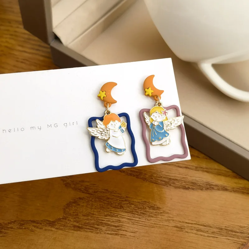 Asymmetric Boho Cherub Korean Earrings Funny Girls Cartoon Designer