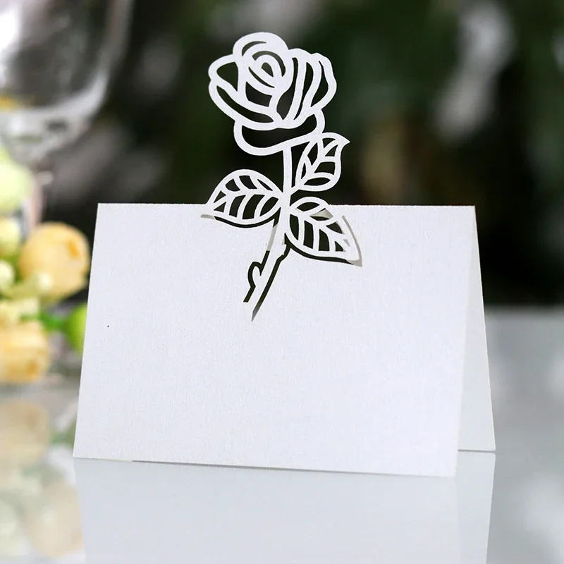 50 Pcs/Set Rose Flower Hollow Pattern Place Card Wedding Decoration Table Numbers Name Fold Card Birthday Party DIY Supplies