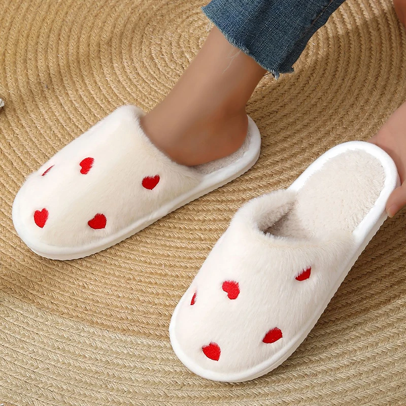 Heart Print Home Fur Slippers for Women Indoor Pink Fluffy Warm Cotton Slippers Woman Soft Bottom Bedroom Plush Slides Lady
