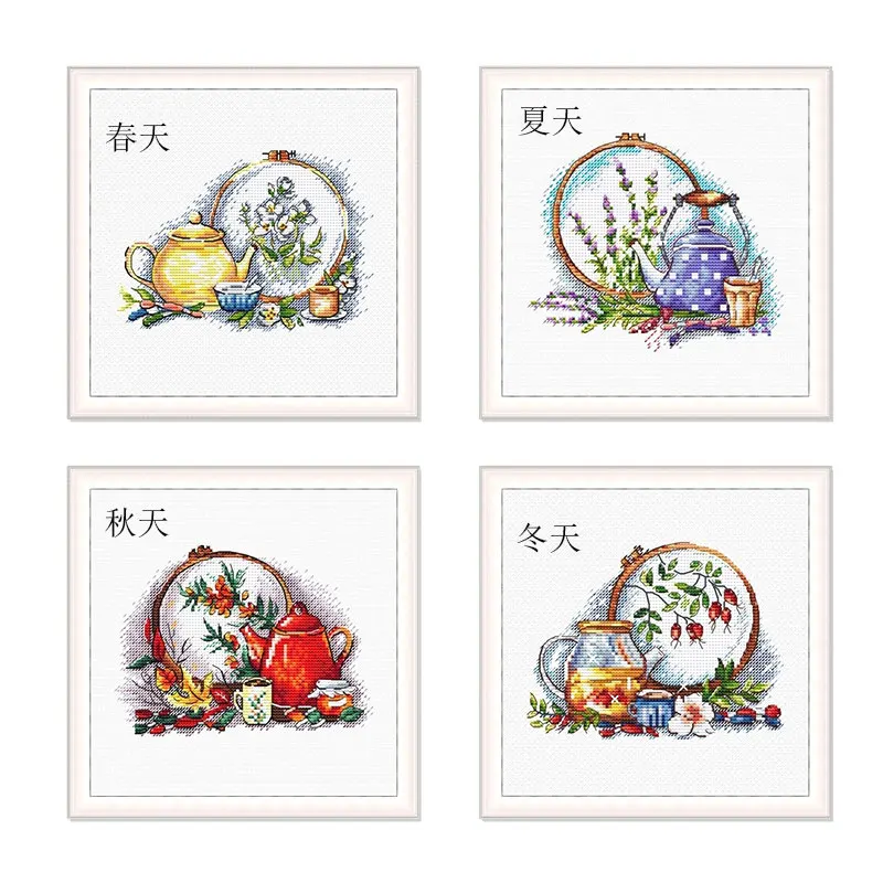 

Fishxx Cross Stitch Kit S332 Four Seasons Flower Tea Polyptych Precision Printing Hand Embroidery