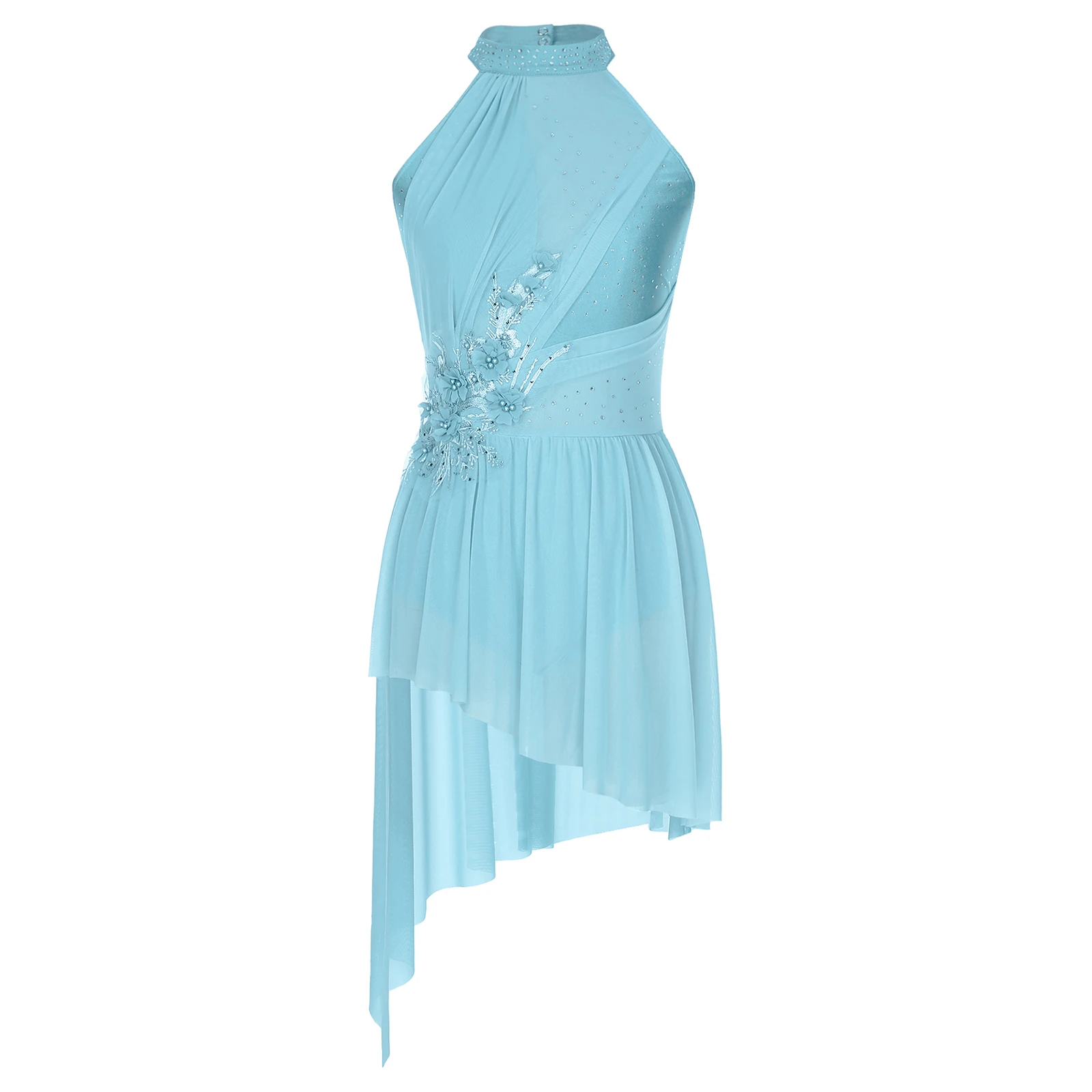 thumbnail image 1 of Vestido de ballet y danza lírica para mujer para patinaje artístico, escote halter, espalda con tiras, dobladillo asimétrico, vestido de leotardo con brillantes diamantes de imitación, 1 of 5