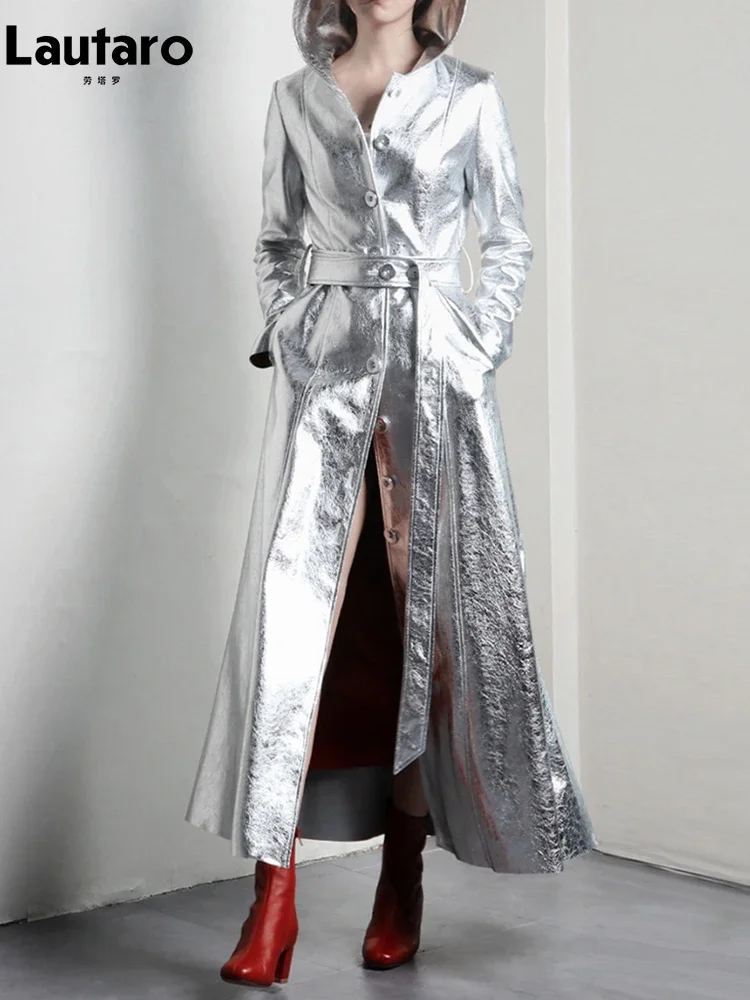 

Lautaro Spring Autumn Extra Long Cool Silver Shiny Reflective Pu Leather Trench Coat for Women with Hood Luxury Runway Fashion