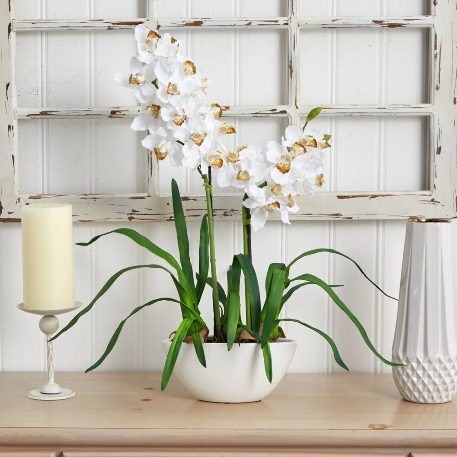 

US 30” Cymbidium Orchid Artificial Arrangement in White Vase.