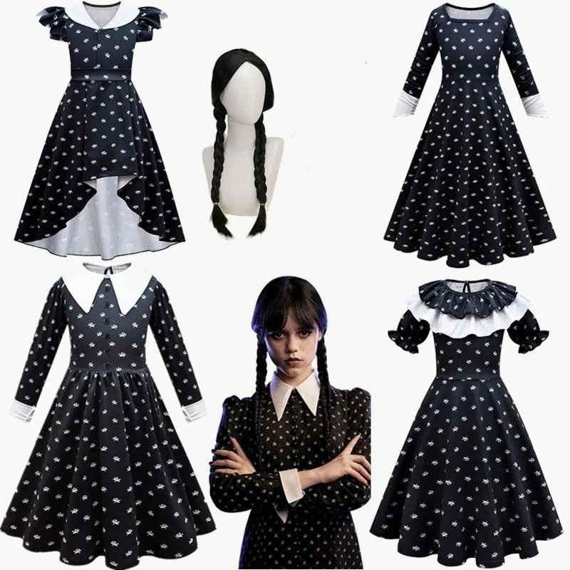 Nuovo Film Halloween Weddy Costume Cosplay Halloween Girls Addigs Morticia Cosplay Dress Outfit Vintage Black Gothic Clothes