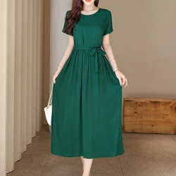 Elegant Solid Color Summer Midi Dress - Short Sleeve Casual Fashion - S (Color 1)
