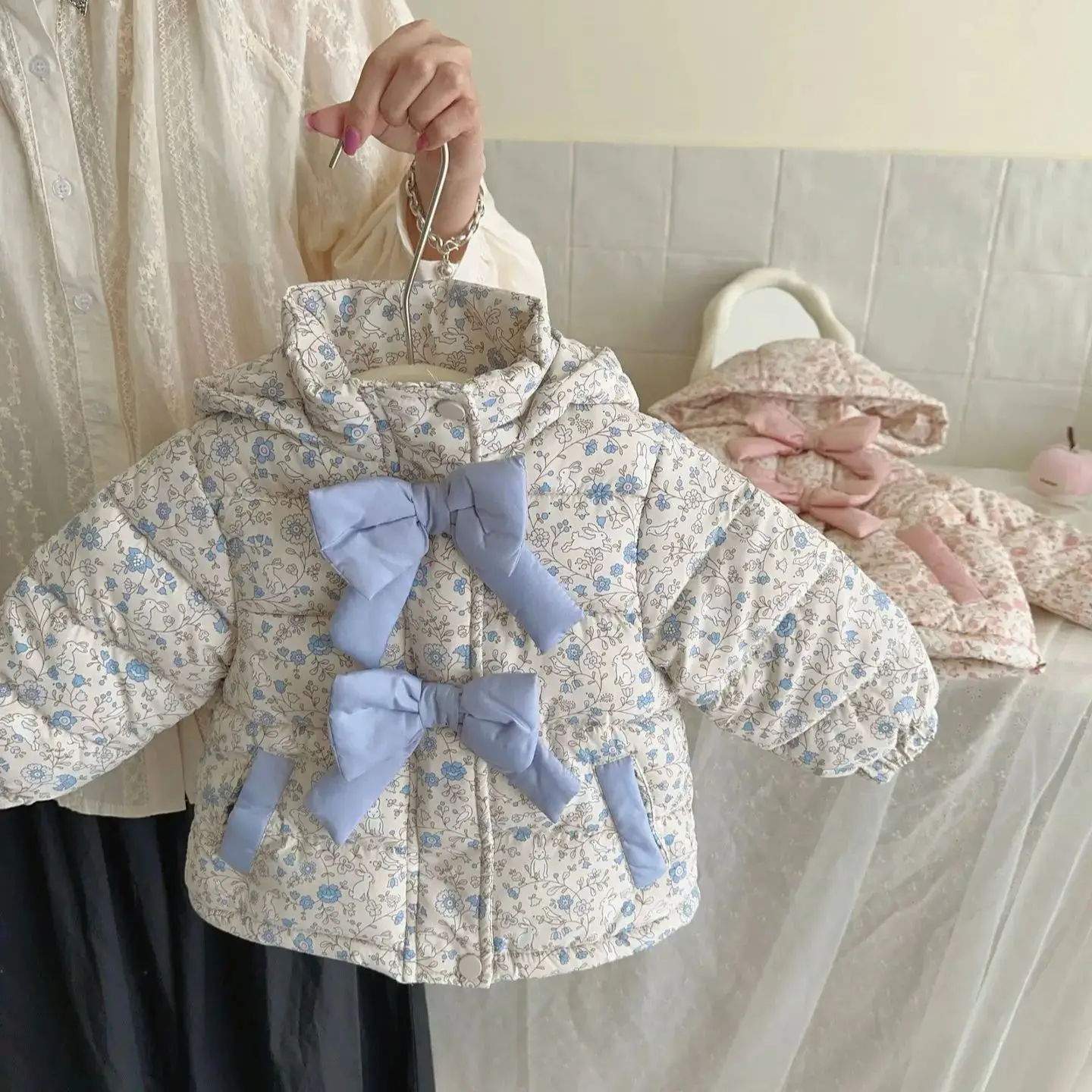 Children Jackets Girls Coat Cute Baby Girls Floral Print Cotton Padded Coat Winter Thick Warm Bow Hooded Coat Toddler Girls Quilted Jacket Outerwear
