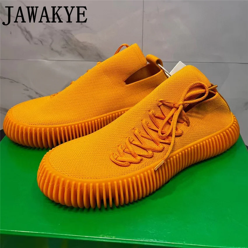 

Popular Brand Knitted Casual Shoes Lace up Breathable Flat Round Toe Trainers Spring Walking For Women Rubble Sole Men's Runner