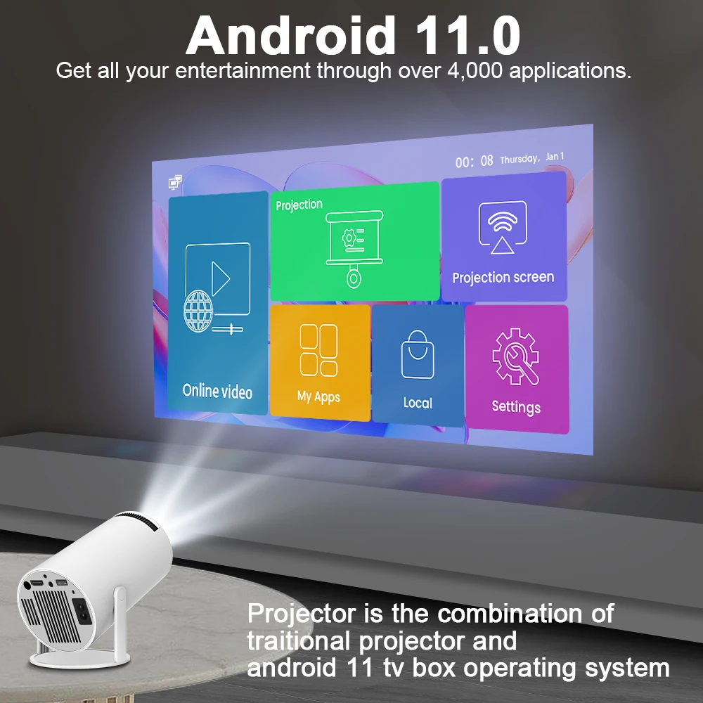 Transpeed-Projecteur portable pour cinéma extérieur, 4K, Android 11, HY300  Tourists, Wifi6, 200ANSI, Allwinner H713, BTpig