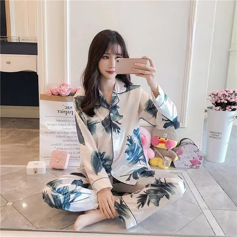 S-5XL oversize Womens Pajama Sets Imitation Silk Women Long Sleeve Trousers Pyjamas Silk satin Pajamas Sleepwear Sleepshirts