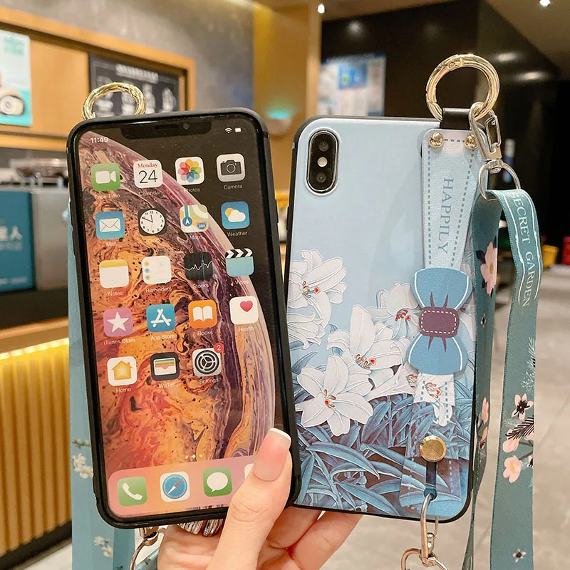 Floral Crossbody Lanyard Phone Case with Bow Design and Adjustable Neck & Wrist Strap