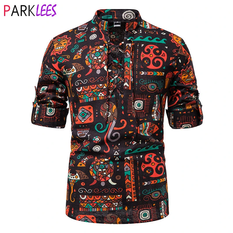 Dashiki Camisa de y lino para camisa de marca con cordones, cuello en Hippie, estilo tradicional étnico, africano, 2022| | - AliExpress