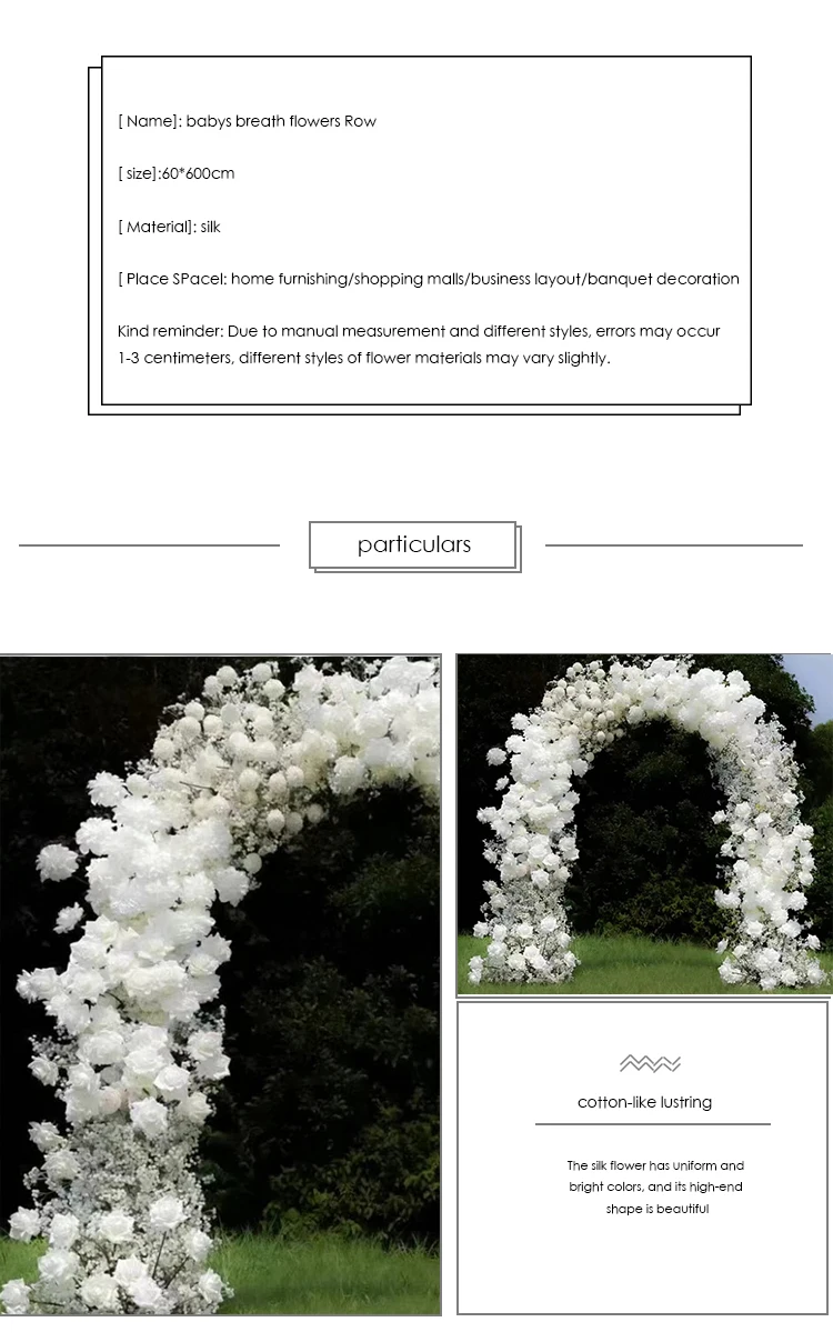 Description Picture 4 of itemWhite Pink Luxury Baby breath Rose Flower Arrangement Outdoor Wedding Backdrop Arch Decor Floral Row Runner Event Party Props