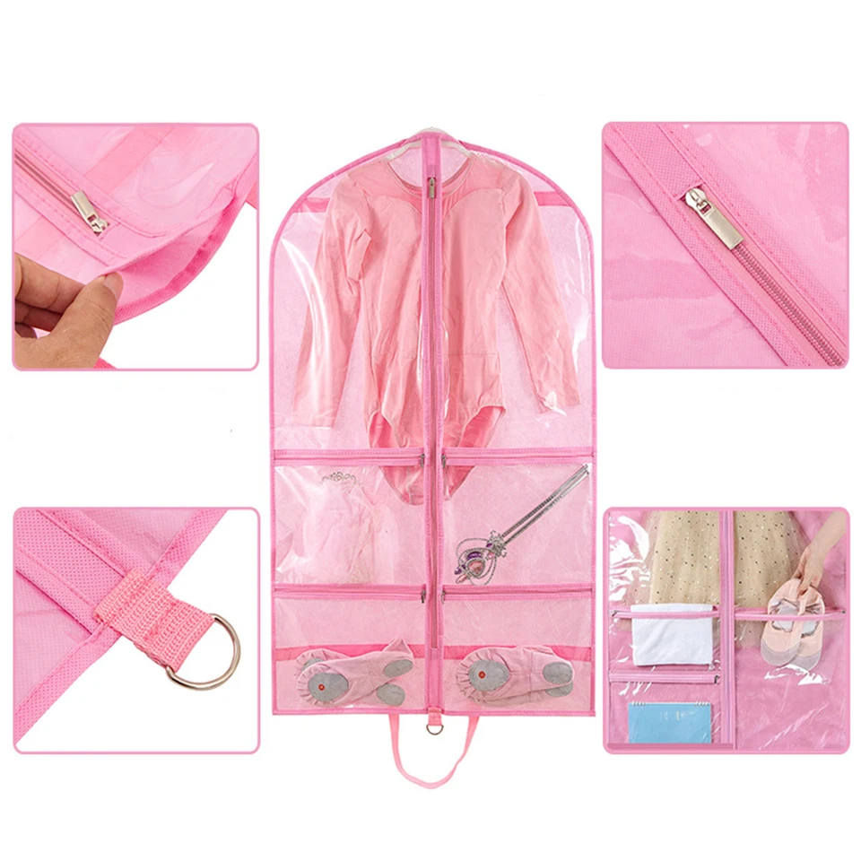 Sacchetti Porta Abiti Per Bambini In PVC, 101 Cm, Per Costumi Da Danza E Gara, Con 4 Tasche Medie Trasparenti E 1 Tasca Posteriore Grande, Rosa, Set Da 1