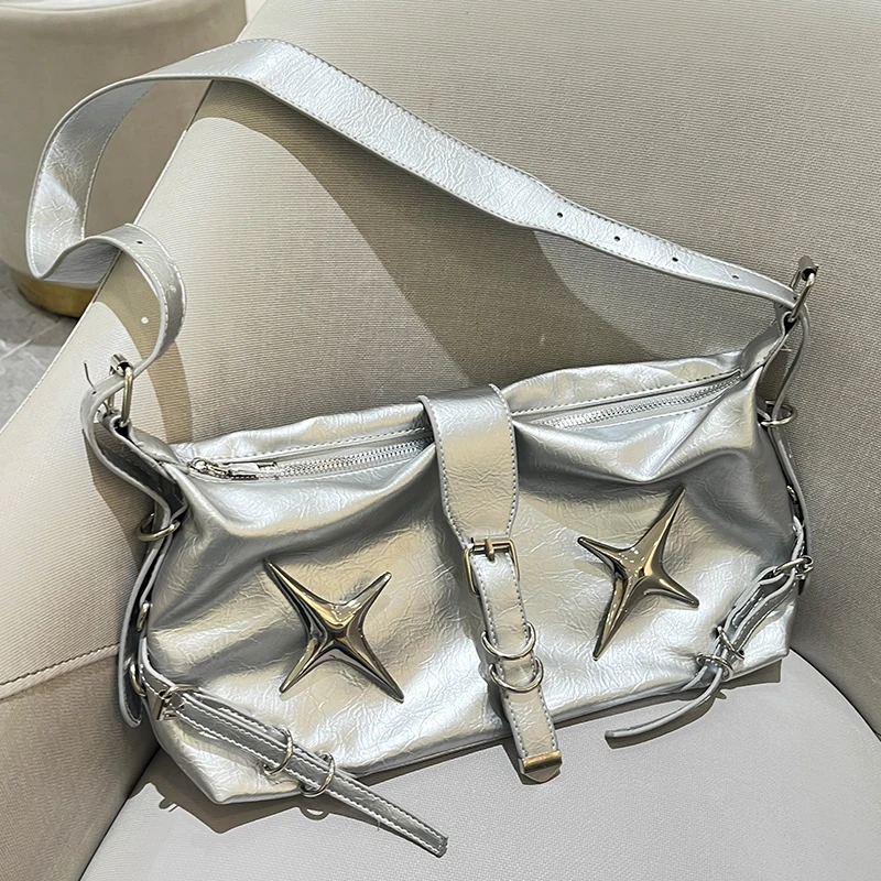 Xiuya Silver Y2k Womens Shoulder Bag Vintage Leather Original Fashion Casual Handbag Hot Girls Designer Advanced Crossbody Bag