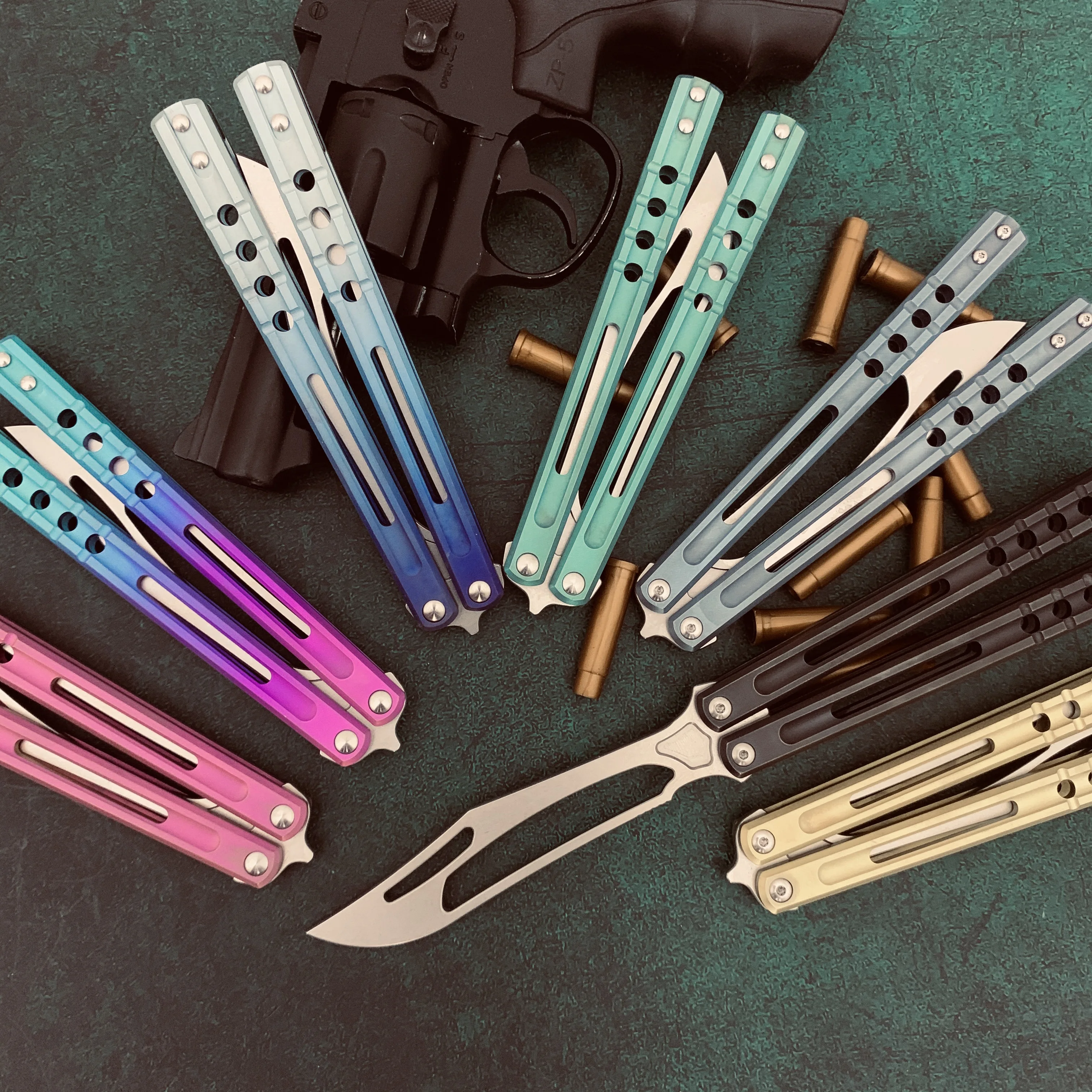 JK Design Orca TheOne Clone EDC Balisong Trainer Titanium Sandwich Handle Butterfly Training 