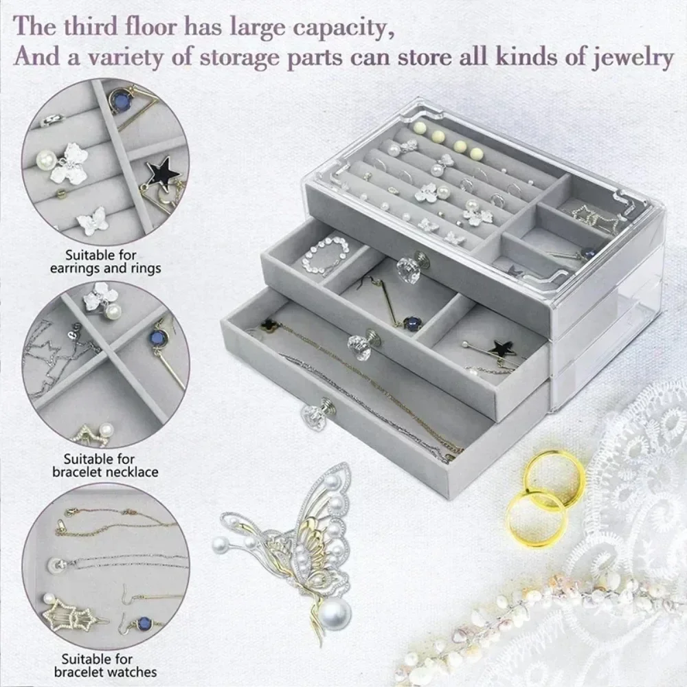 Acrylic Velvet Jewelry Organizer 3 Drawers Stackable Display Storage Earrings Necklace Bracelets Box Holder Case For Women