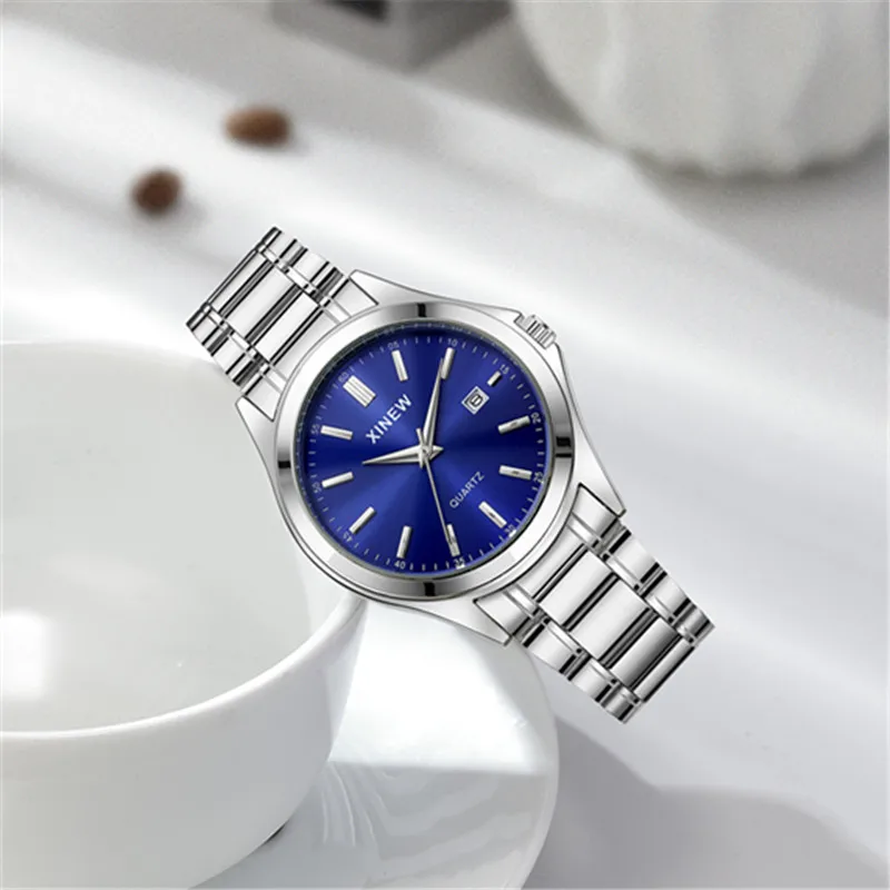 Genuine XINEW Brand Men Watches Students Fashion Casual Full Stainless Steel Band Simple Date Quartz Wrist Vintage Watch Silver