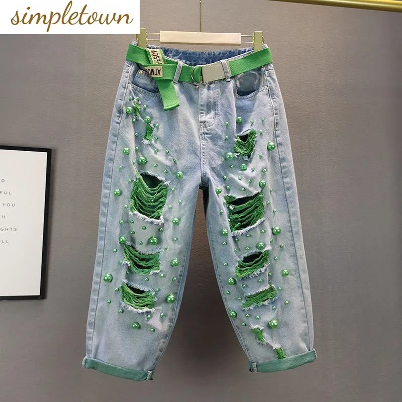2023 Spring/Summer European-American Style New Thin Colored Perforated Beads High Waist Loose Size Denim Harlan Pants for Women korean summer shorts high waist loose perforated wide legs perforated five point straight pants 2021 new women s loose jeans
