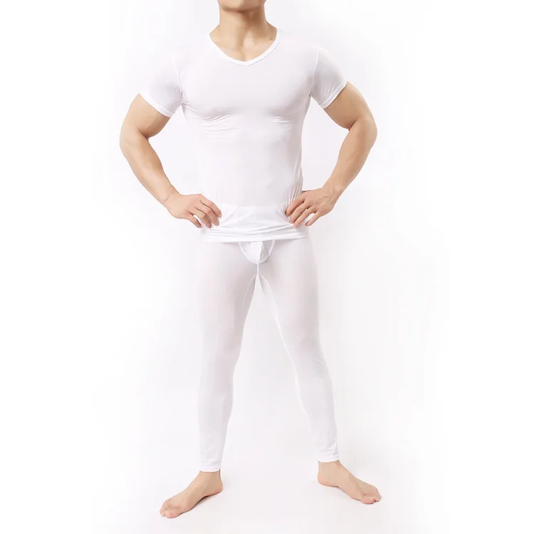 Men Undershirt Set Ultra-thin Cool Spandex Thermal Sleep Shirt & Pant Set