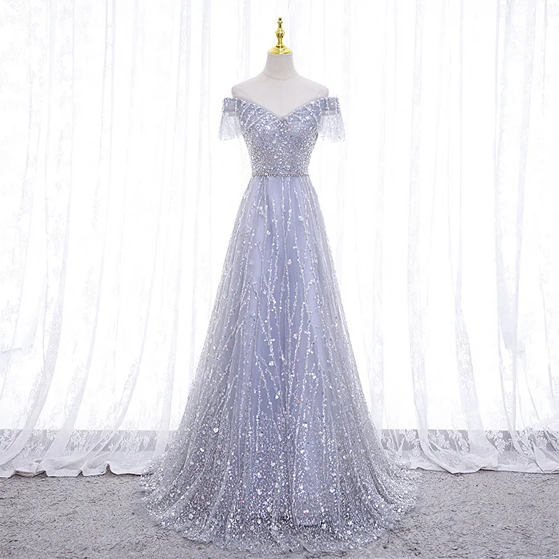 

Shinny Boat Neck Prom Gown Appliques Sequins V-Neck Women Evening Dress A-Line Slim Floor Length Graduation Party Vestido