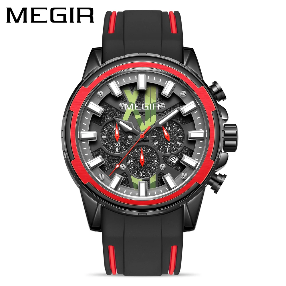 MEGIR New Fashion Men's Luminous Sports Waterproof Personality Quartz Wrist Timer Calendar Silicone Watches Reloj Hombre 2133 