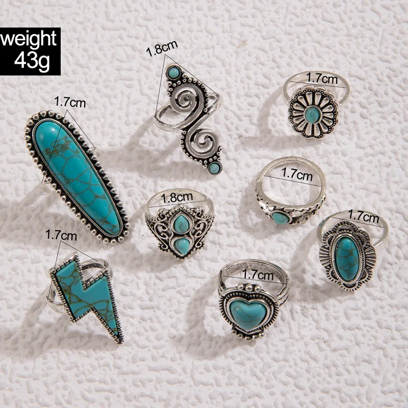 8Pcs set Vintage Bohemian Crystal Turquoise Stacking LOVE Rings Knuckle Rings Lightning Carved Rings Western Jewelry for Women 2