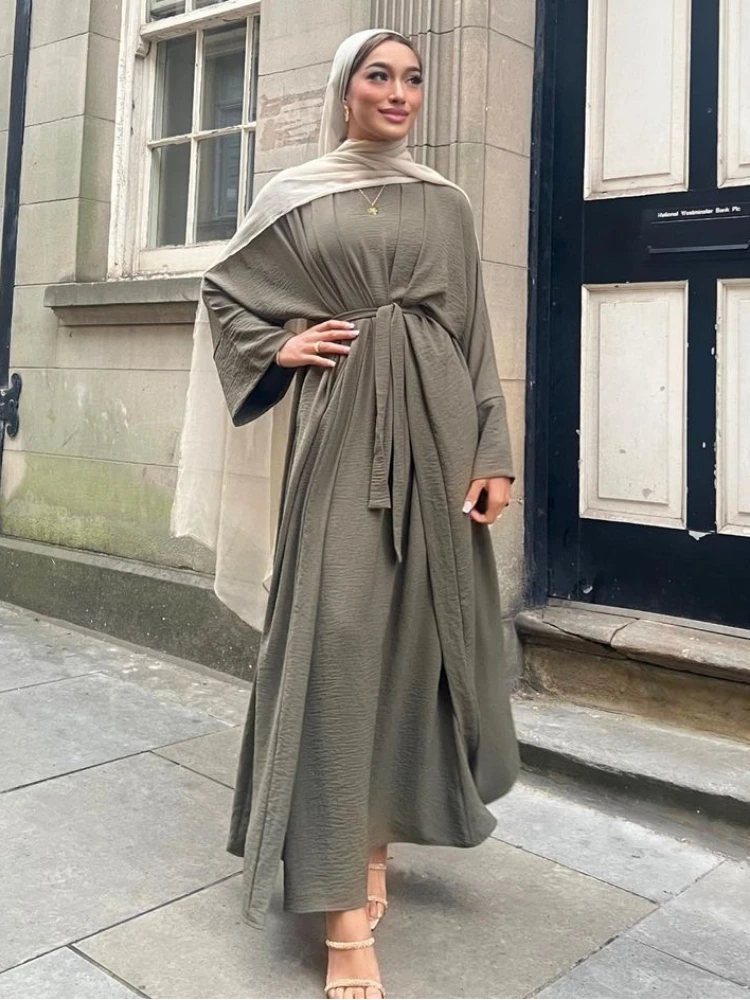 

Eid Ramadan Muslim 2 Piece Abaya Matching Muslim Sets Hijab Dress Wrinkle Open Abayas Dubai Turkey Inner Dresses Islamic Robe