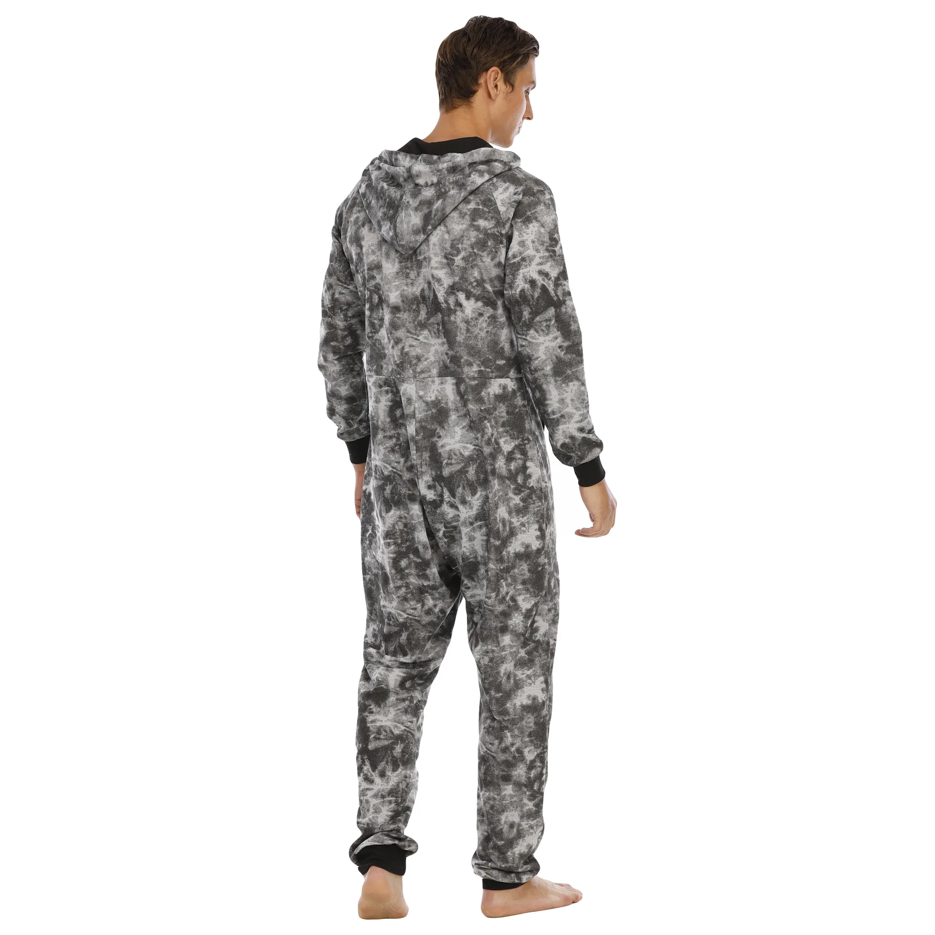 Herbst Winter Warme Grau männer Pyjama Set Hoodies Overalls Männer Tie Dye Drucken Onesies Zipper Overall Langarm Männlichen kleidung – Detail 9