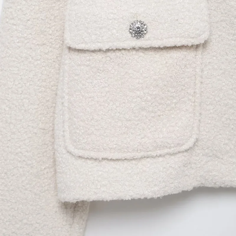 TRAF White Tweed Outerwears Women's Jacket Button Up Long Sleeve