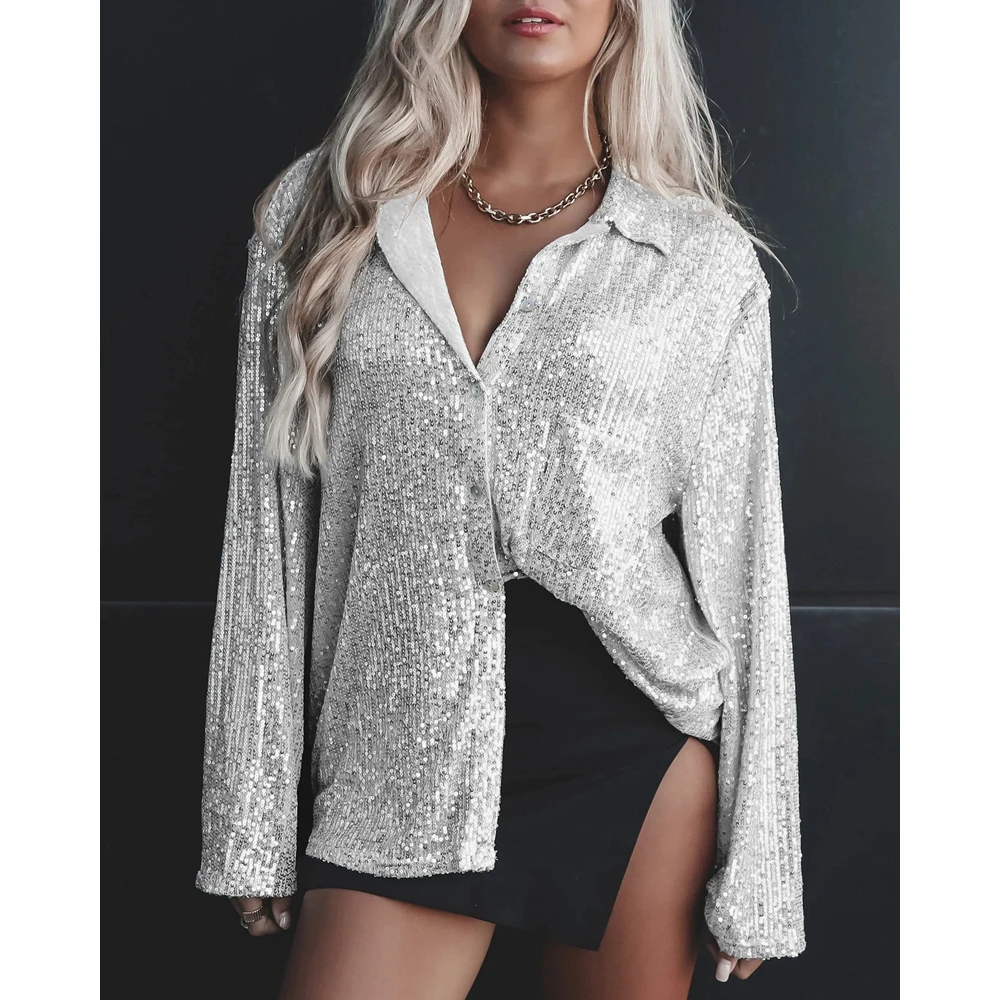 2024 Allover Sequins Long Sleeve Turn-down Collar Casual Shirt for Women Fashion Elegant Office Femme Blouse Top Streetwear