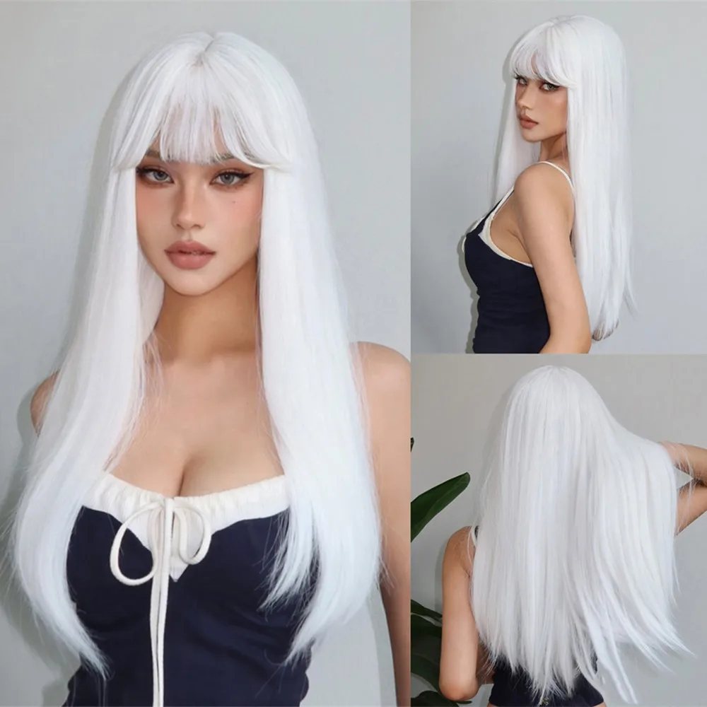ALAN EATON Dunkelbraune lange gerade synthetische Perücken mit Pony für Frauen, natürlich aussehende Perücke, hitzebeständig, für den täglichen Gebrauch, Party, Cosplay – Detail 7