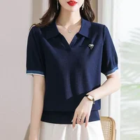 Polo Neck Shirt for Women Cute Plain Kawaii Baggy Red Woman T Korean Clothing Synthetic Luxury Fashion 2025 Pretty in Trend New - Image 2