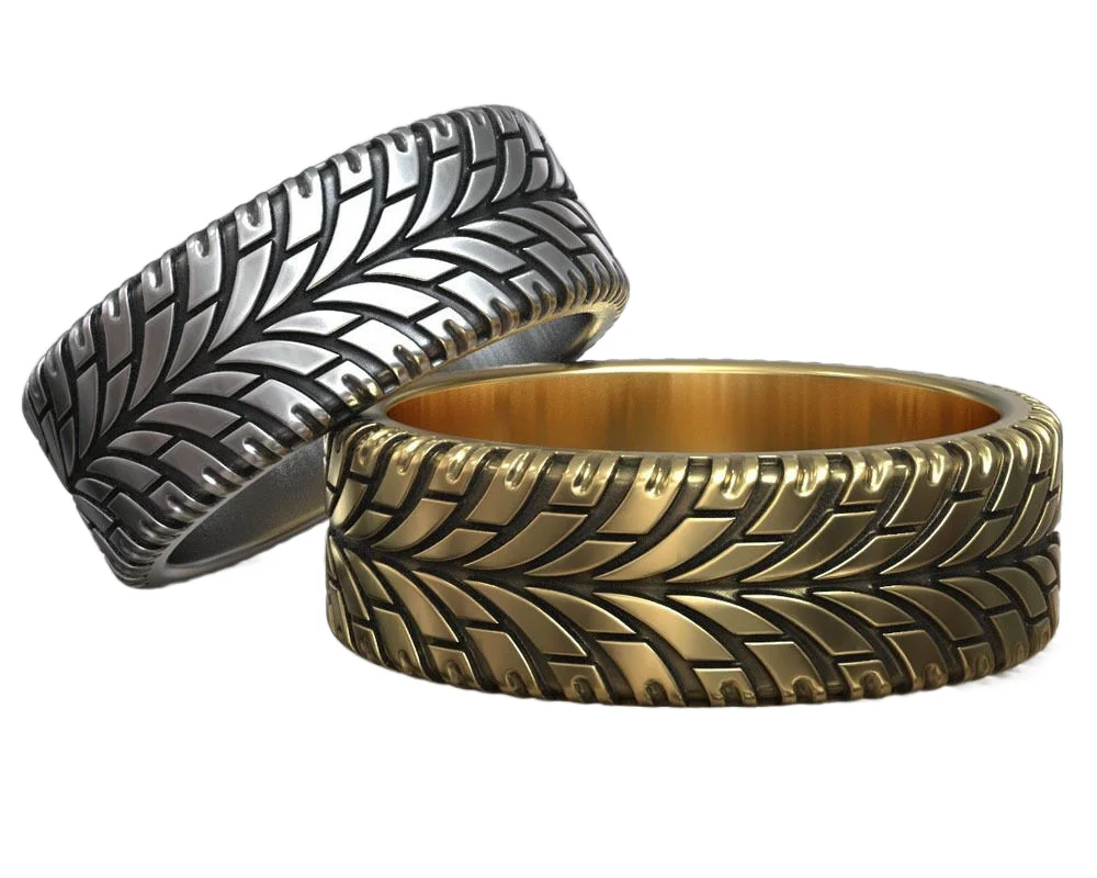 

6.5-11.5g Tire Tread Auto Dirt Ring Wedding Band Gold 925 Solid Sterling Silver Haute Couture Rings