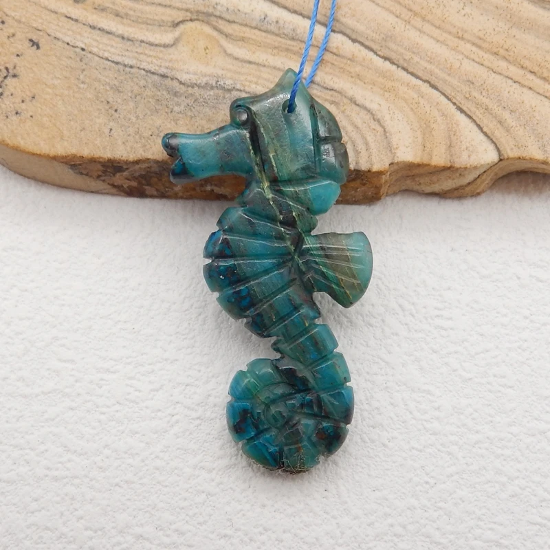 

New Handmade Natural Stone Chrysocolla Carved Hippocampus Pendant Bead Fashion Jewelry Necklace Accessories 44x20x5mm 6g