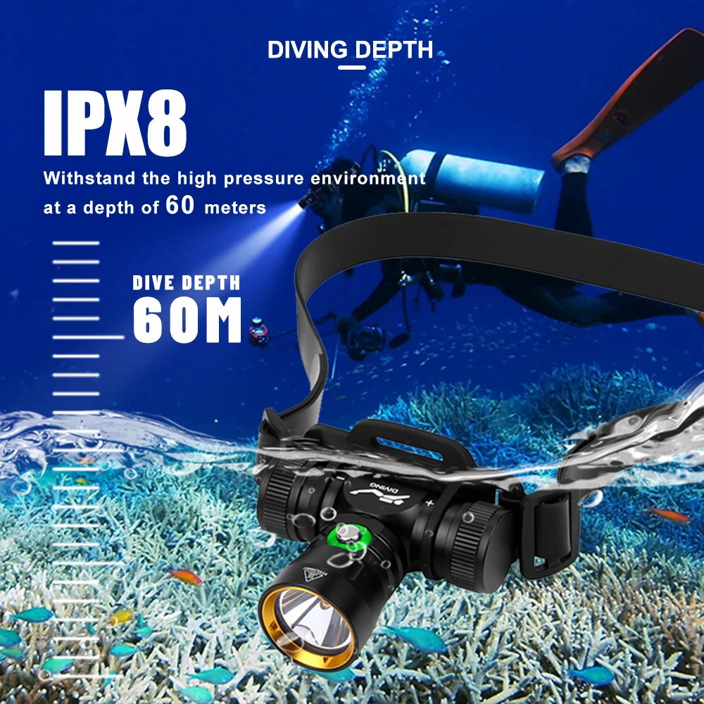 Asafee 60M Diving Headlamp Underwater L2 LED 1000LM IPX8 Waterproof 56° Angle Light Wearable On Hand Headlight Underwater Search