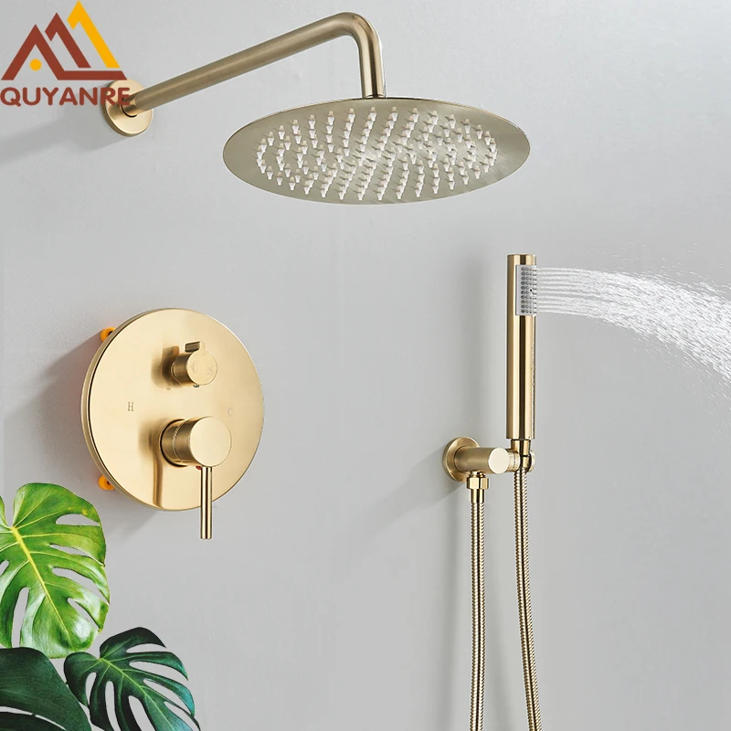 Quyanre Brushed Gold Shower Faucets Set Rainfall Shower System Concealed Hot Cold Water Mixer Tap Bathroom Round Faucet bathroom shower faucet set bathroom faucet