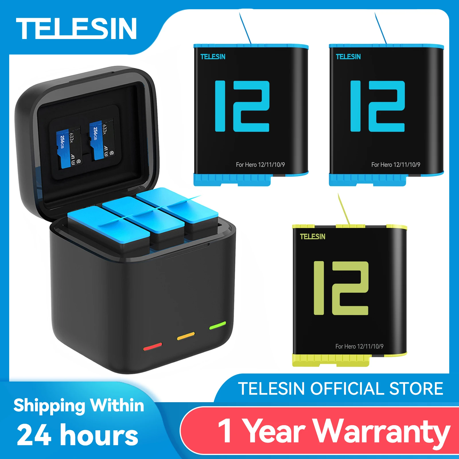 TELESIN Battery For GoPro Hero 12 11 10 9 1750 mAh Battery 3 Ways Fast  Charger Box TF Card Storage For GoPro Hero Accessories