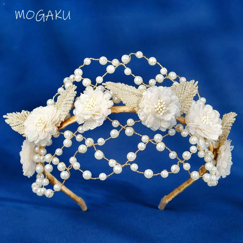 

MOGAKU Handmade Headpieces Crystal Beaded Crown for Women Fashion Lace Flowers Tiaras Wedding Party Hair Jewelry Accessories