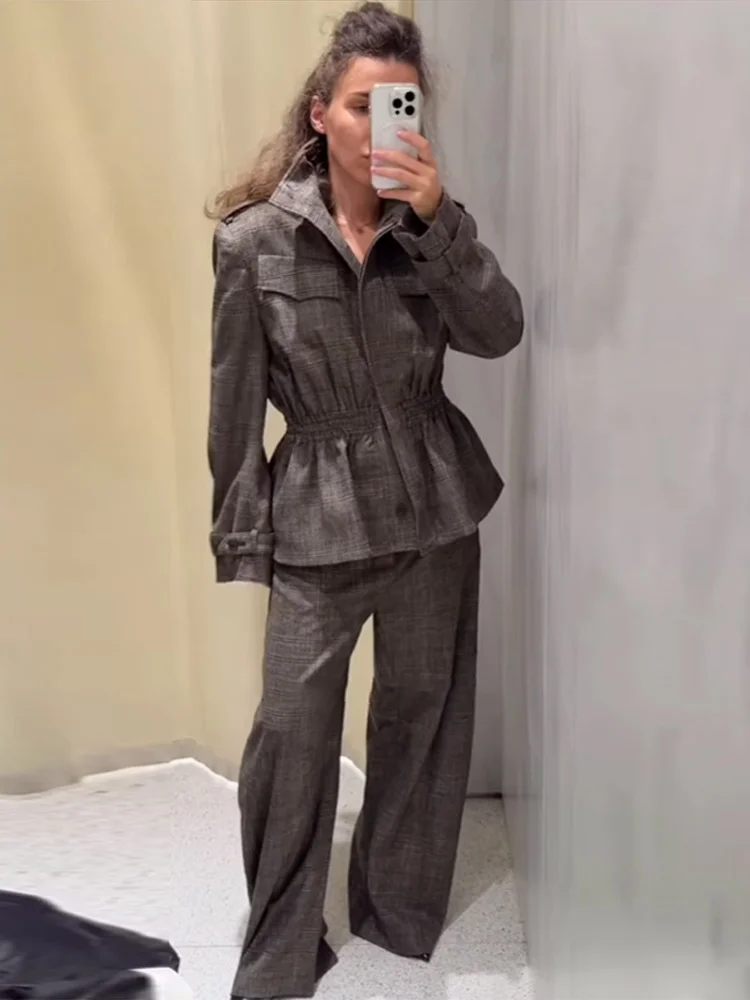 Rüschen Plaid Bomber Jacke Hosen Anzüge Frauen Elegante Revers Langarm Taille Cinching Mäntel Hohe Taille Hose Chic Damen Sets – Detail 30