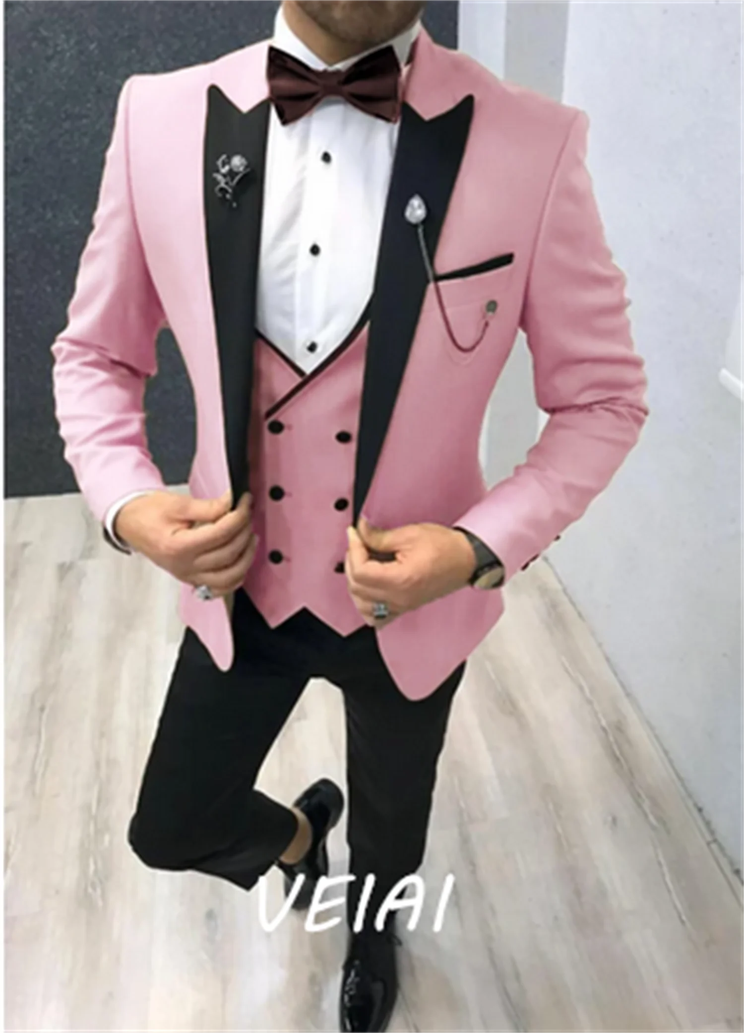 

One Button Men Suits Brown Groom Tuxedos Notch Lapel Groomsmen 3 Pieces Wedding Set ( Jacket + Pants + Vest + Tie )