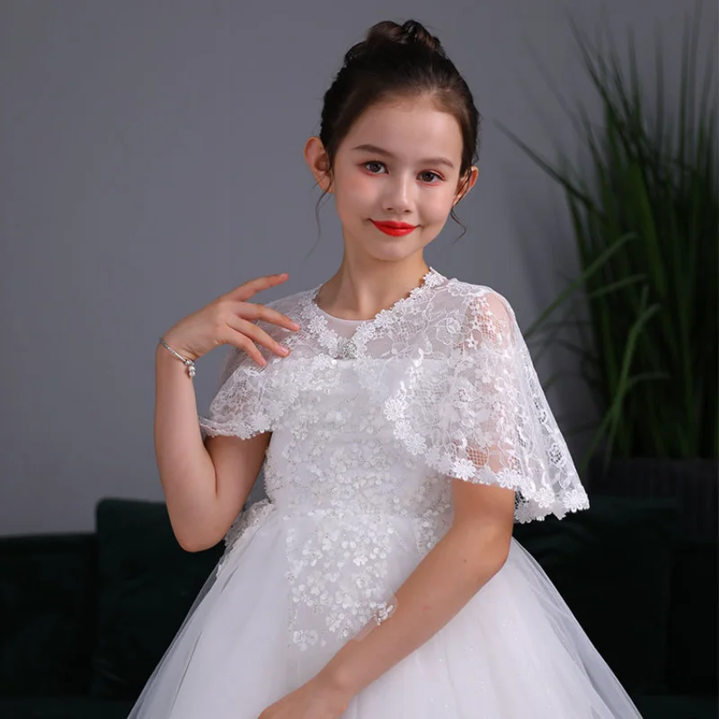 Summer Kids Girls White Tulle Mesh Wraps Children Bolero Short Wedding Jacket Shawls Lace Cape Cover Over Shoulders