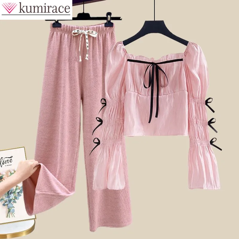 

Elegant Women's Pants Set Office Casual Outfits One Line Collar Ruffled Sleeves Chiffon Shirt Wide Leg Pants Two-piece