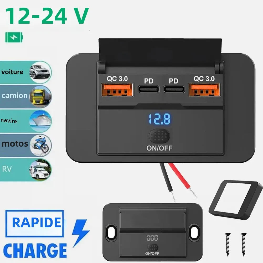 Adaptateur de prise de chargeur de voiture avec interrupteur, séparateur de charge à 2-4 Ports, prise pour Bus, RV, ATV, camion, bateau, sortie, 12V, 24V, PD, QC3.0