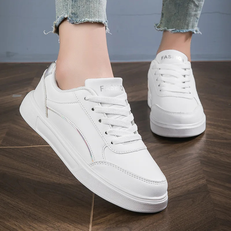 New Fashion Women's Shoes Trendy Faux Leather Flat Heighten Skate Shoes, Wear Resistance Non Slip Lace Up Sneakers