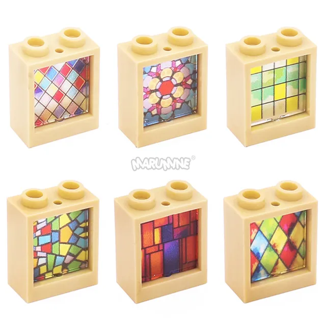 Marumine Block Glass Window 1x2x2 With Printing 18PCS 60601 60592 Church Assemblage Buildi Brick Construction Model Accessories 2