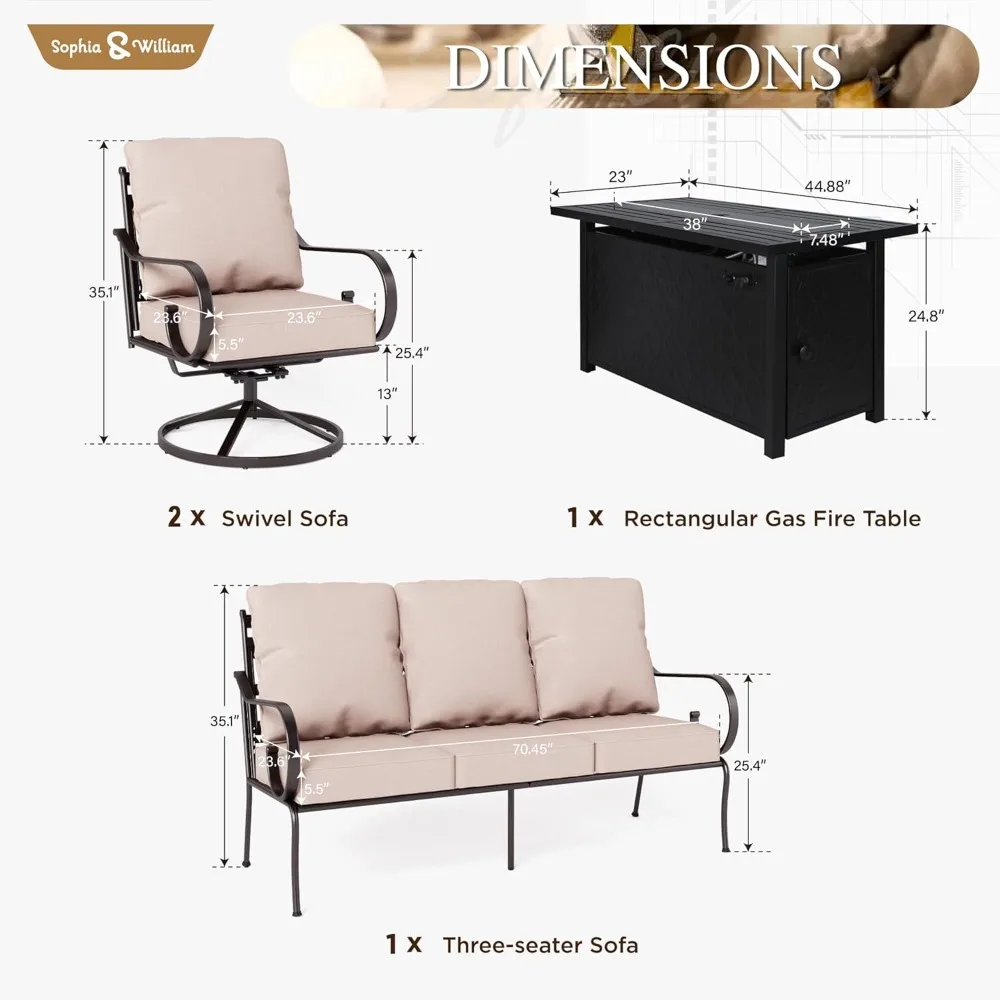 Clearance with 45" Gas Fire Pit Table x 1, 3-seat Sofa x 1, Swivel Chair x 2 for Porch Lawn, Garden Sofas 3
